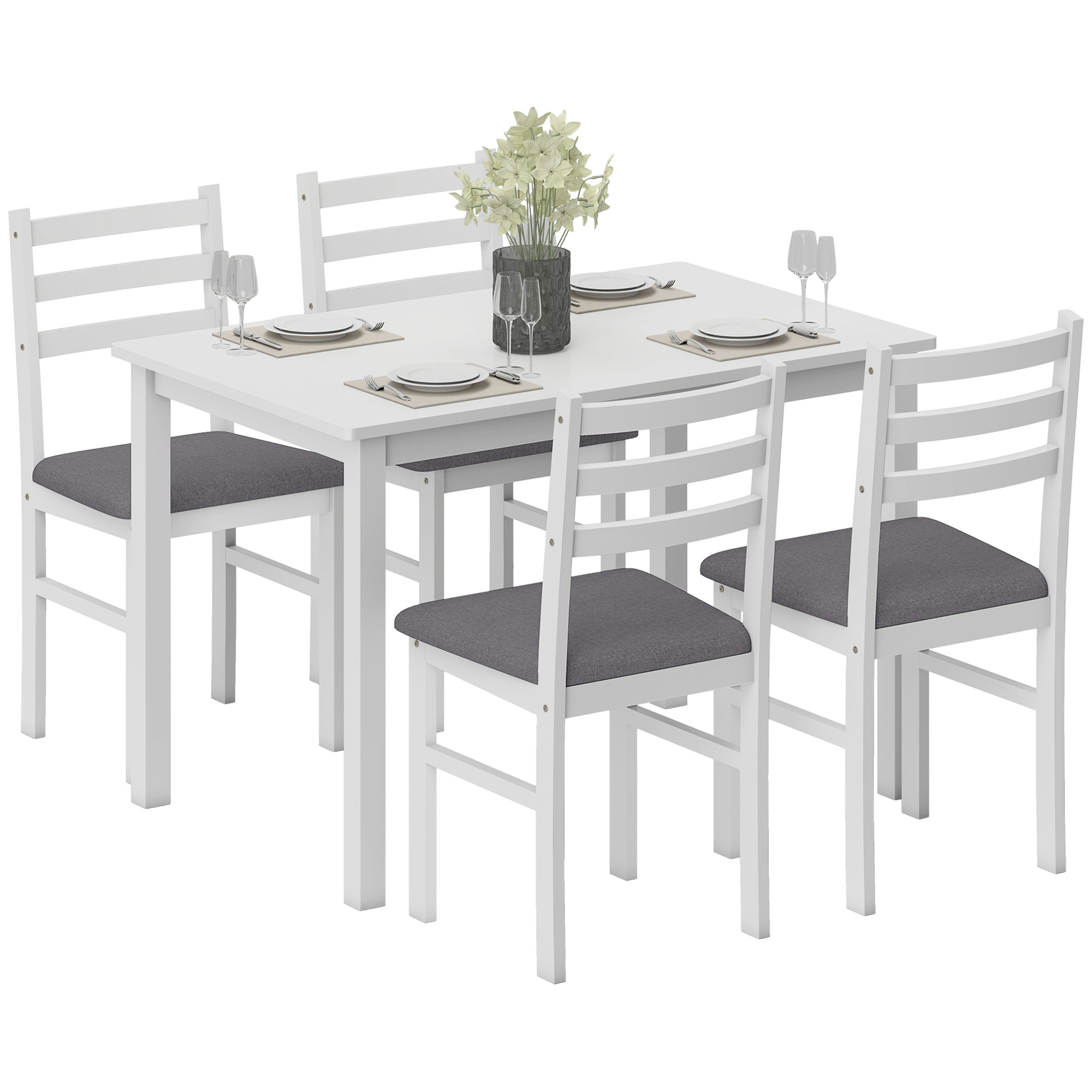 5-Piece Small Kitchen Table Set for 4, Farmhouse Dining Table Set with Upholstered Chairs and Rubber Wood Legs, White