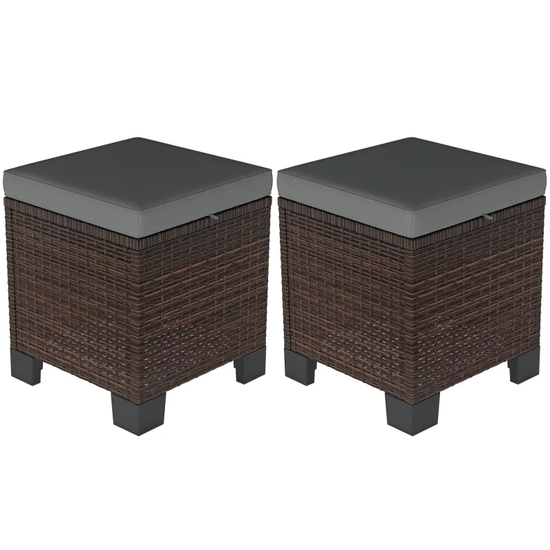 2 Piece Wicker Outdoor Ottomans with Cushions, Rattan Ottoman Footrest and Side Table for Patio, Yard, Poolside, Gray