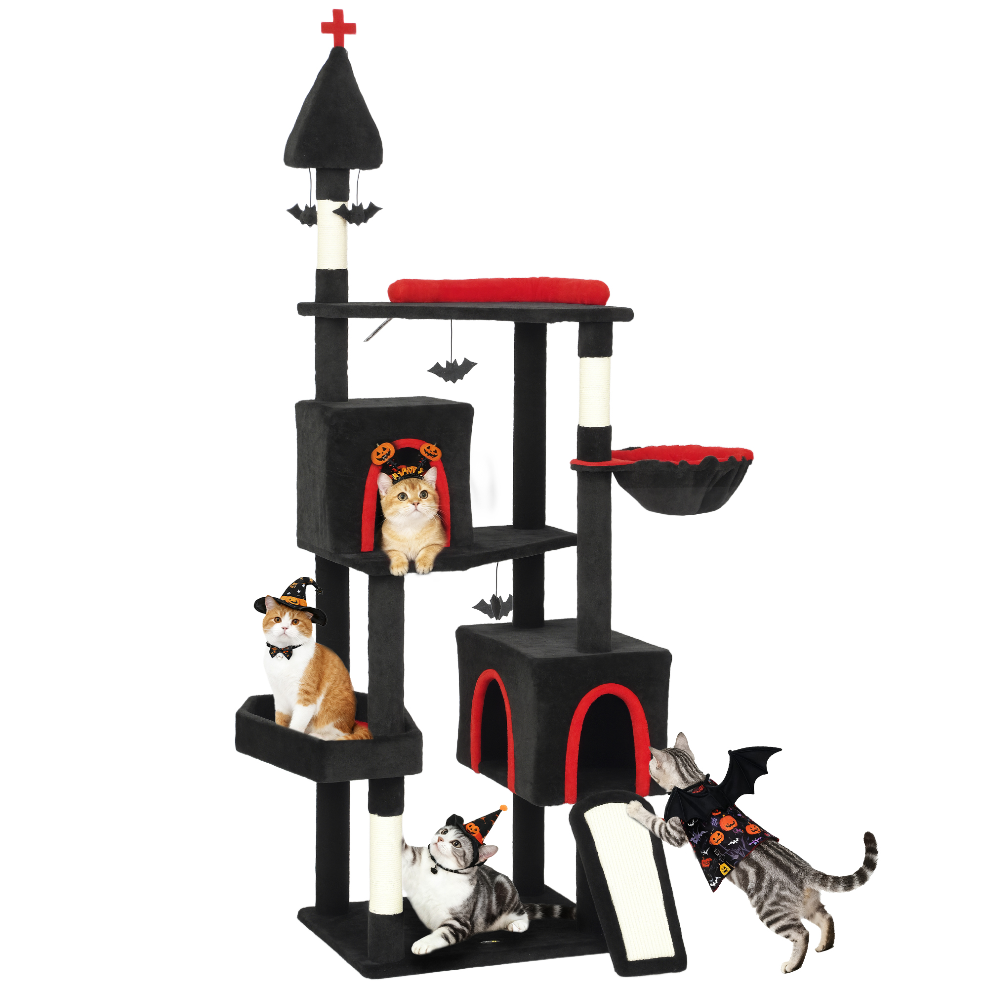 78" Gothic Cat Tree, Cat Tower with Coffin Bed, 2 Spacious Condos, Sisal Scratching Posts, Bat Hanging Balls, Halloween