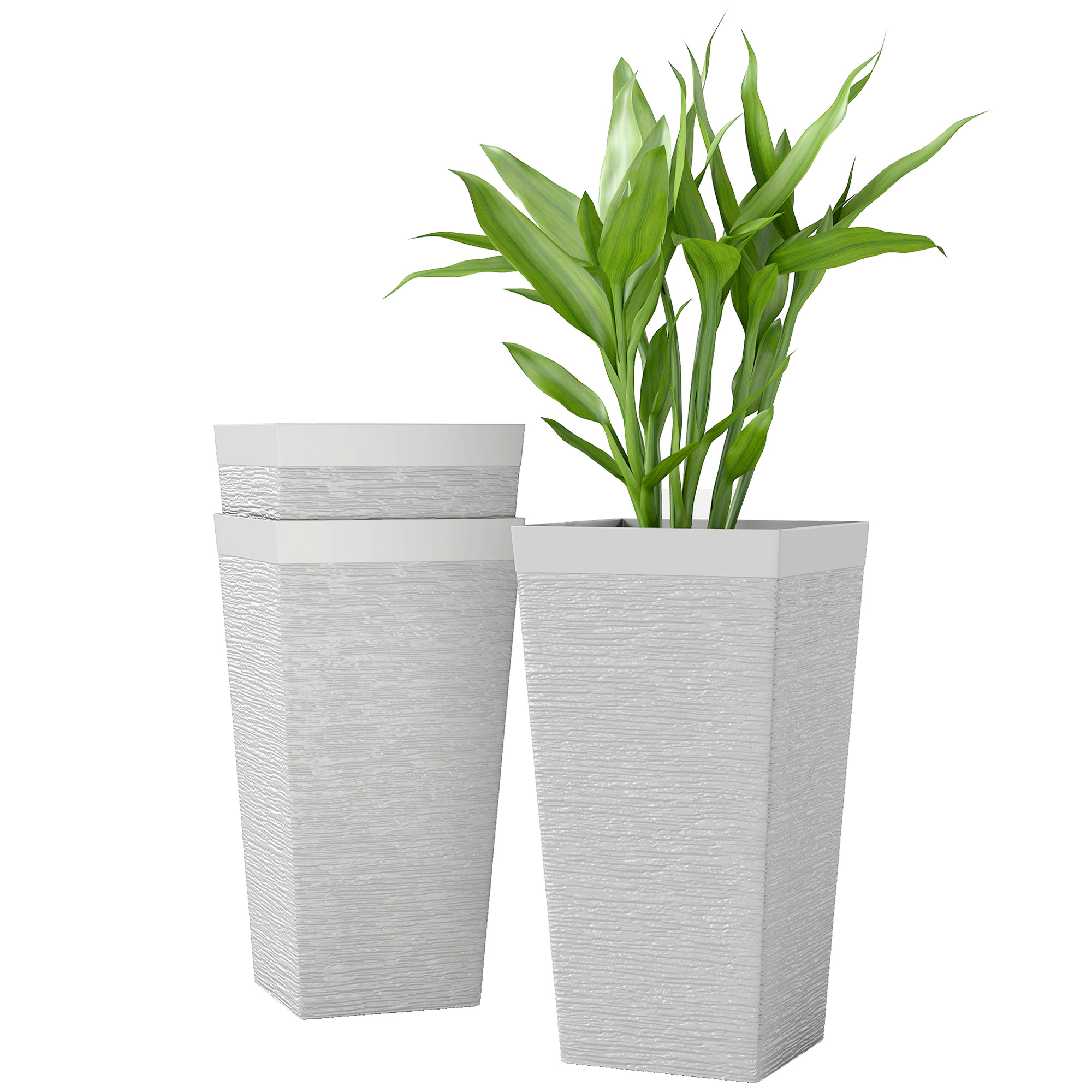 22.8 Inch Set of 3 Outdoor Planters with Stone Finish and Wheels, Stackable Tapered Planters with Drainage Hole, White