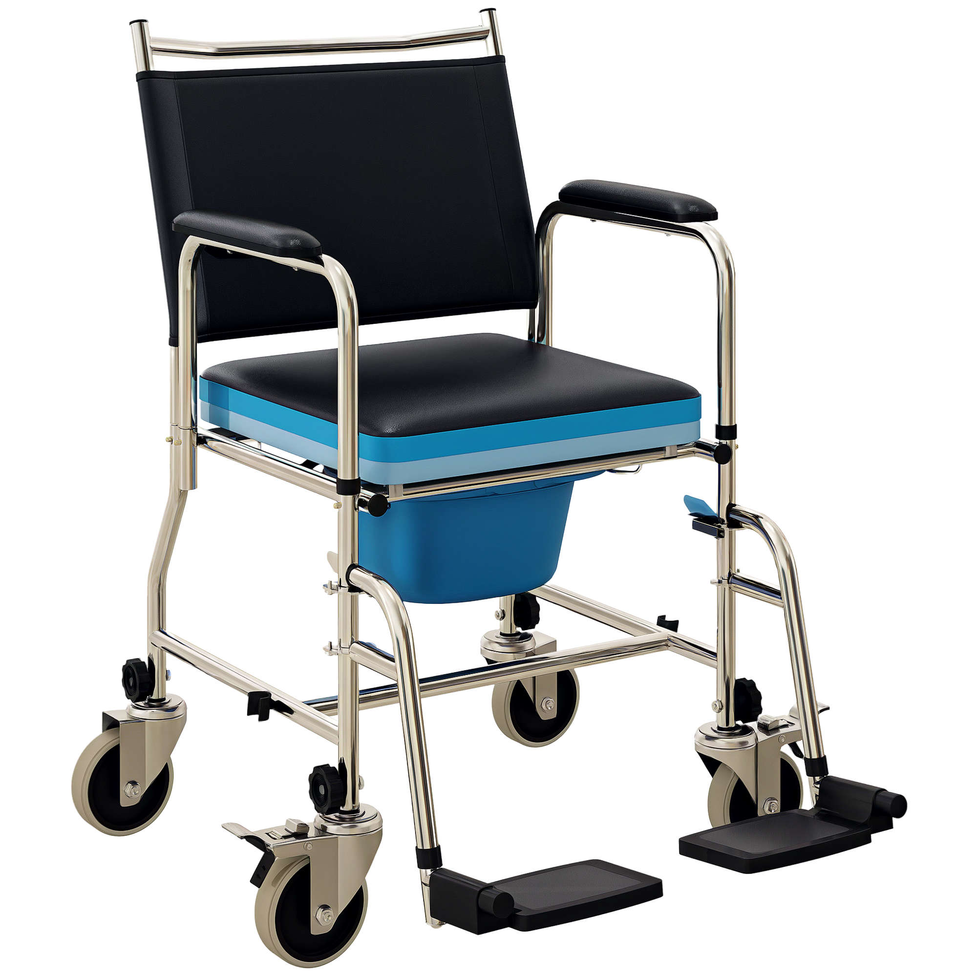 Rolling Shower Chair, Bedside Commode Wheelchair with Padded Seat, Backrest, for Seniors, Disabled, 300 lbs, Black