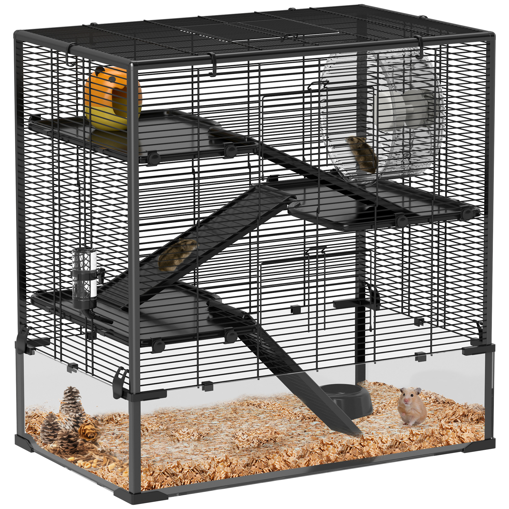4 Tier Hamster Cage with Deep Tempered Glass Bottom, Running Wheel, Hut, Water Bottle, Food Dish, 31" x 19" x 31.5"