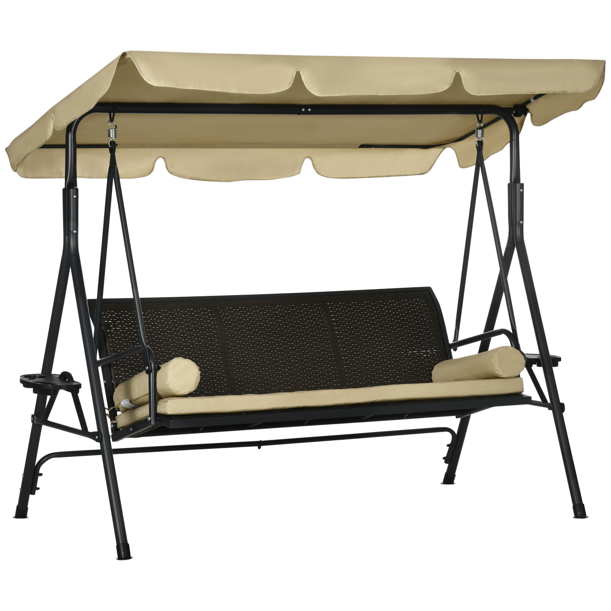 3-Seat Patio Swing Chair, Outdoor Canopy Swing Glider with Removable Cushion, Pillows, Adjustable Shade, and Rattan Seat, for Porch, Garden, Poolside, Backyard
