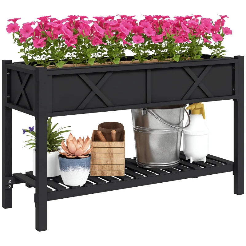 Raised Garden Bed, 47 x 22 x 31.5 in. Elevated Wood Planter Box with Storage Shelf, Drainage Holes, and Liner, Black