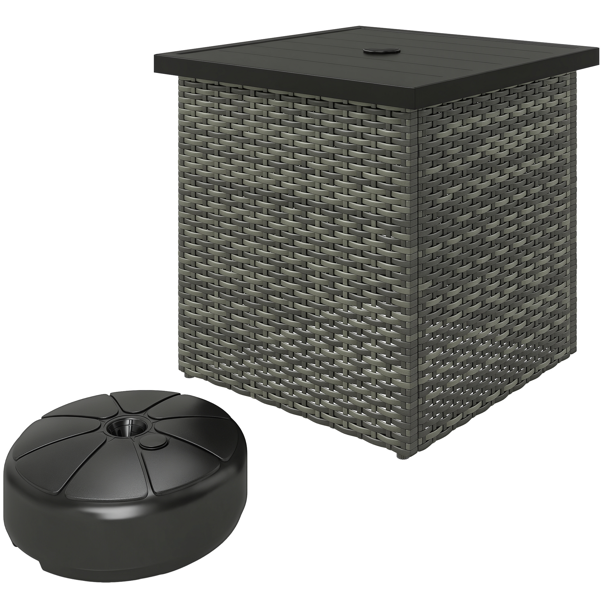 Wicker Side Table with 1.5" Umbrella Hole, Square Outdoor End Table with UV-Resistant Frame, Storage Space, Mixed-Gray