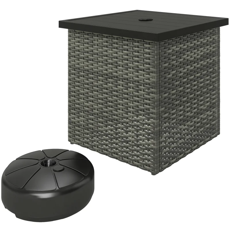 Wicker Side Table with 1.5" Umbrella Hole, Square Outdoor End Table with UV-Resistant Frame, Storage Space, Mixed-Gray
