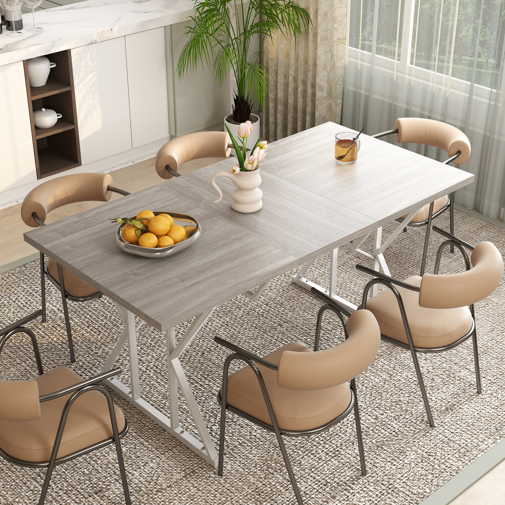 47"-63" Extendable Dining Table for 4-6, Farmhouse Expandable Kitchen Table with Heavy Duty Trestle Base, Gray