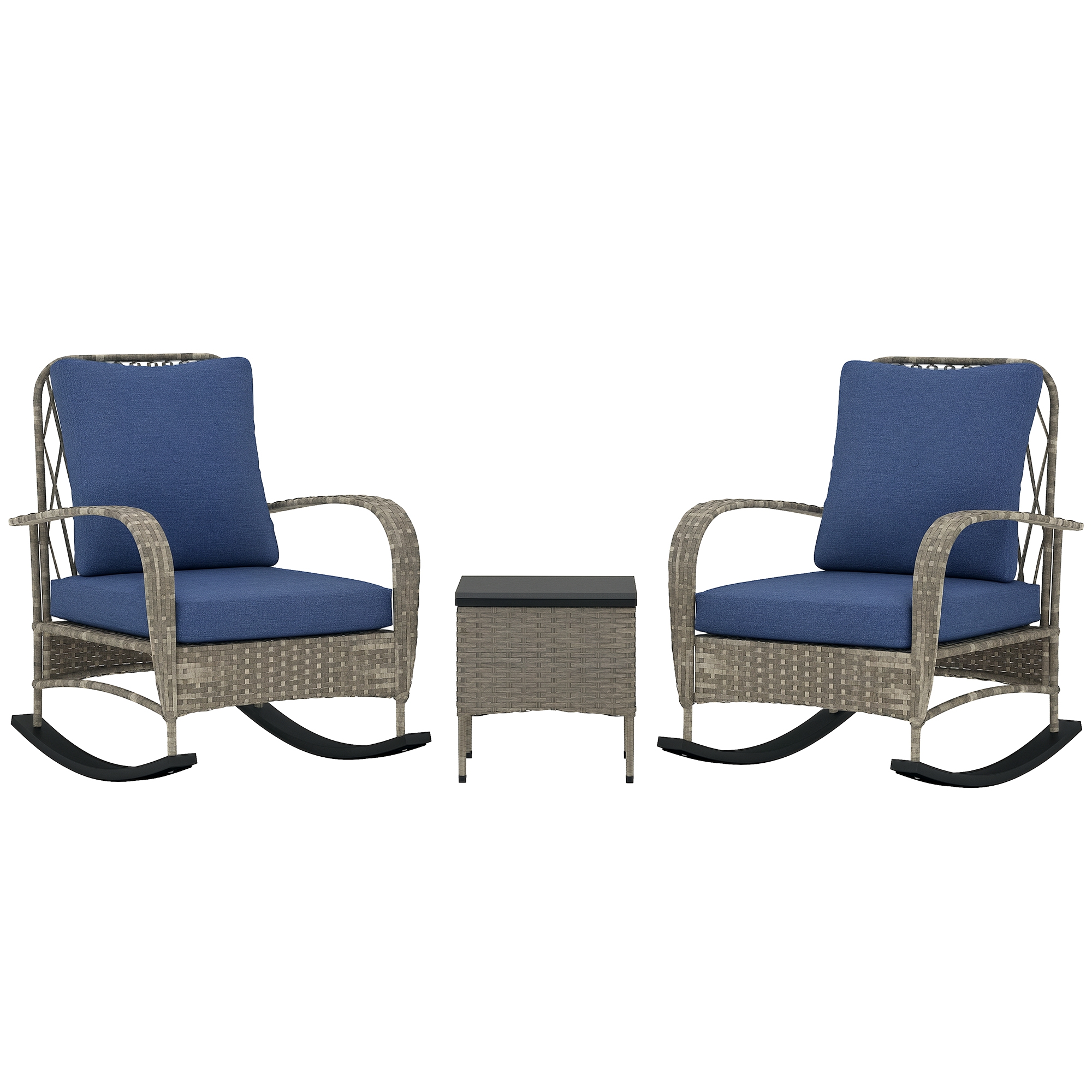 3 Piece Wicker Patio Furniture Set, Outdoor PE Rattan Rocking Chairs with Coffee Table, Cushions for Porch, Gray
