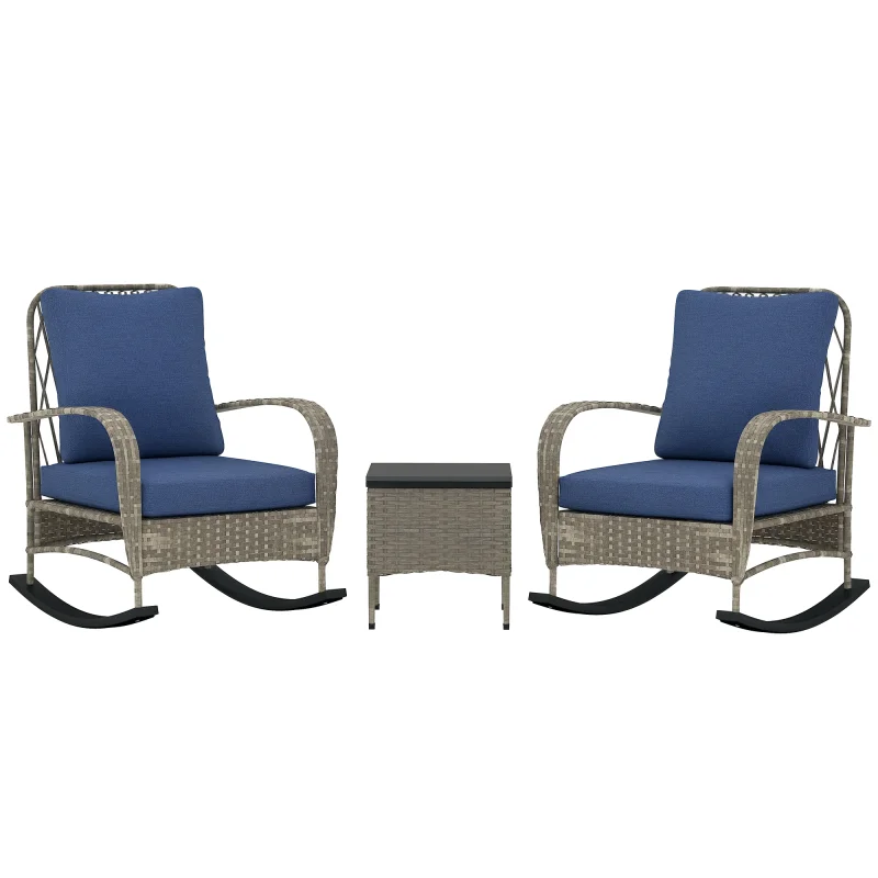 3 Piece Wicker Patio Furniture Set, Outdoor PE Rattan Rocking Chairs with Coffee Table, Cushions for Porch, Gray