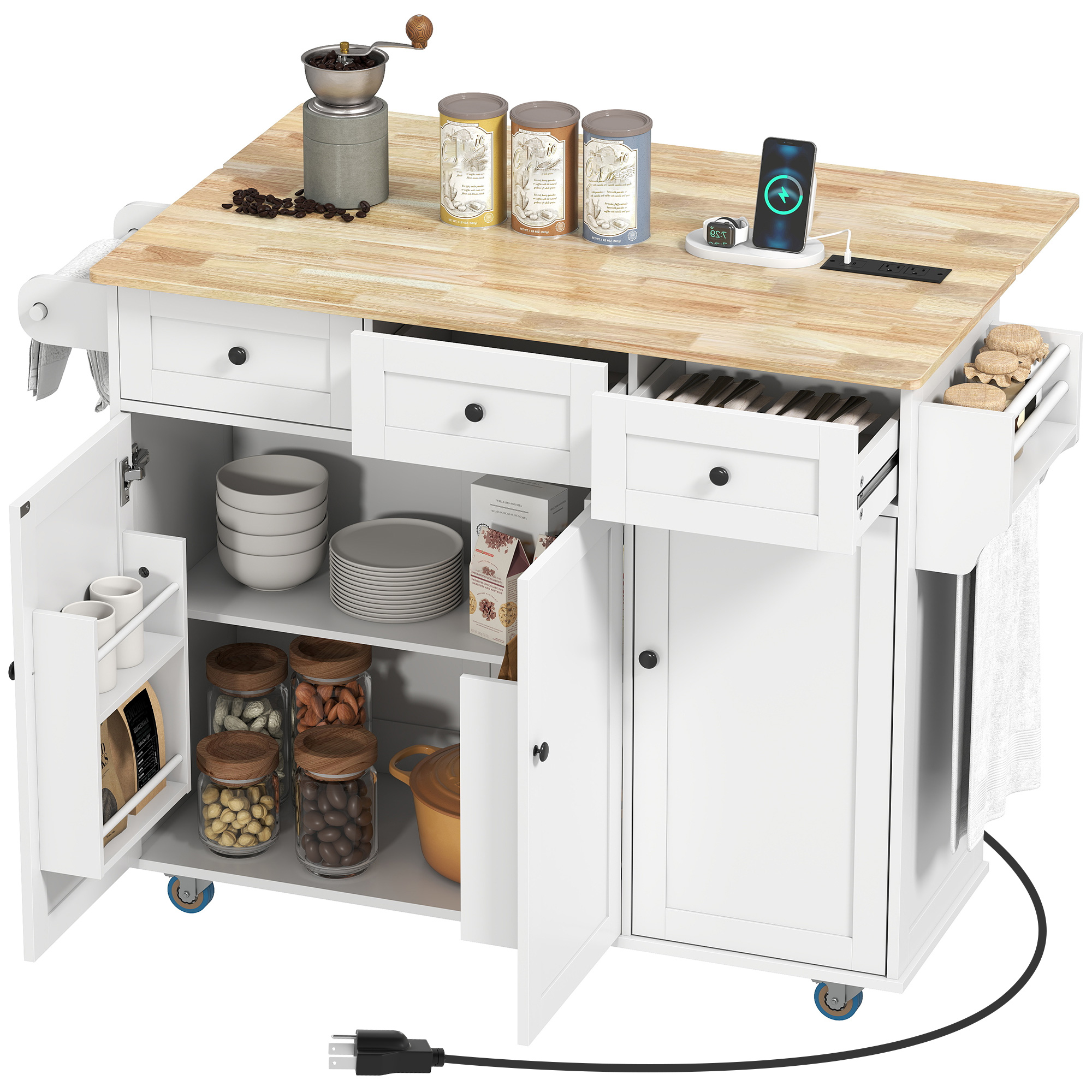 Kitchen Island on Wheels with Drop Leaf, Charging Station, Rolling Kitchen Cart with Wood Top, Adjustable Shelf, White