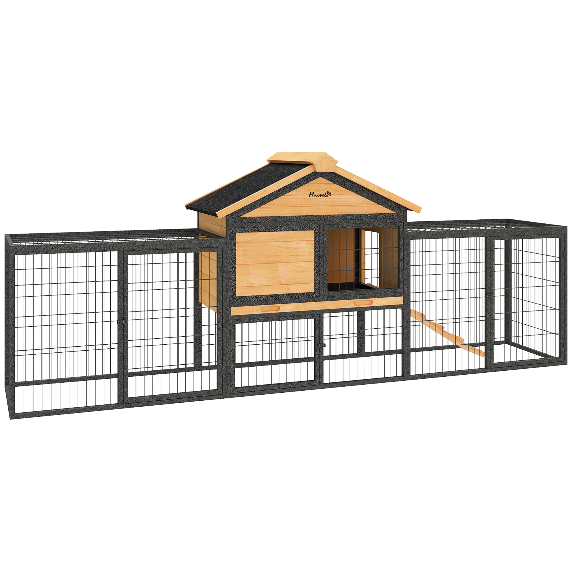 Wooden Rabbit Hutch Outdoor, 85" Large Bunny Cage with Steel Run, Removable Plastic Tray, Asphalt Roof, Ramp
