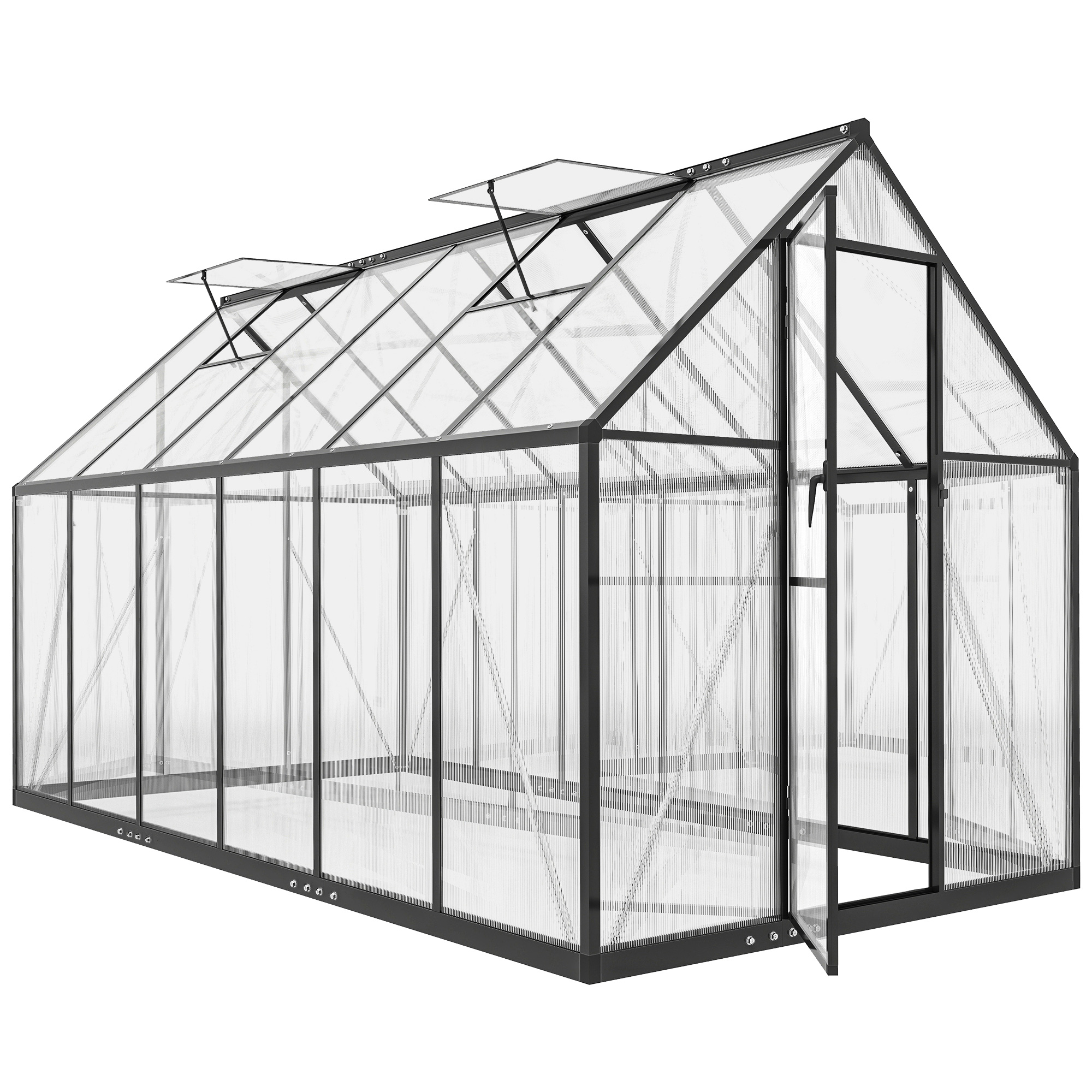 Polycarbonate Greenhouse with Swing Door and Two Adjustable Roof Vents, Aluminum Walk-in Greenhouse, 11x6 ft, Black