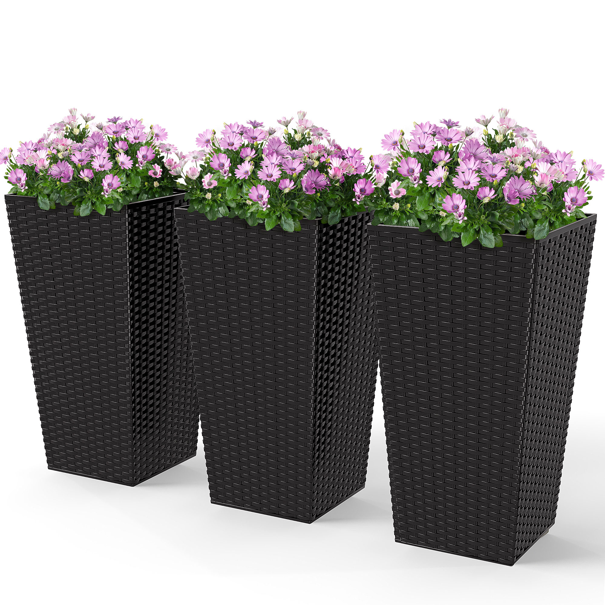 Tall Planters for Outdoor Plants Set of 3, 24 In Taper Planters with Drainage Holes, Rattan Decor Plant Pots for Indoor Outdoor Front Porch Patio Backyard, Black