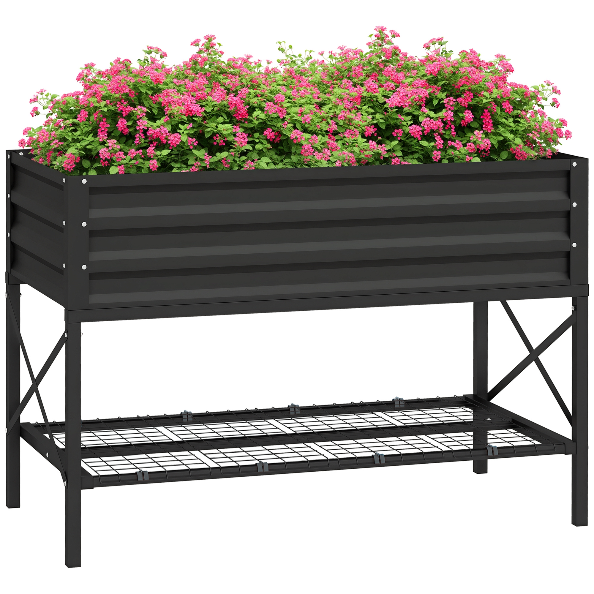 Galvanized Raised Garden Bed, Metal Planter Box with Legs, Storage Shelf and Bed Liner, Black