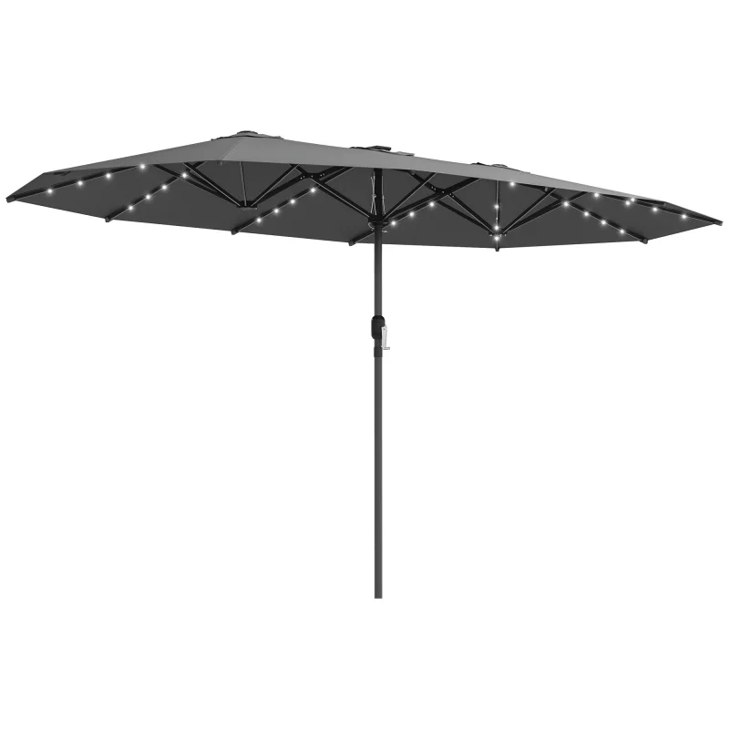 Garden Parasol, Double-Sided Sun Umbrella with LED Solar Lights, Patio Parasol for Outdoor, Gray