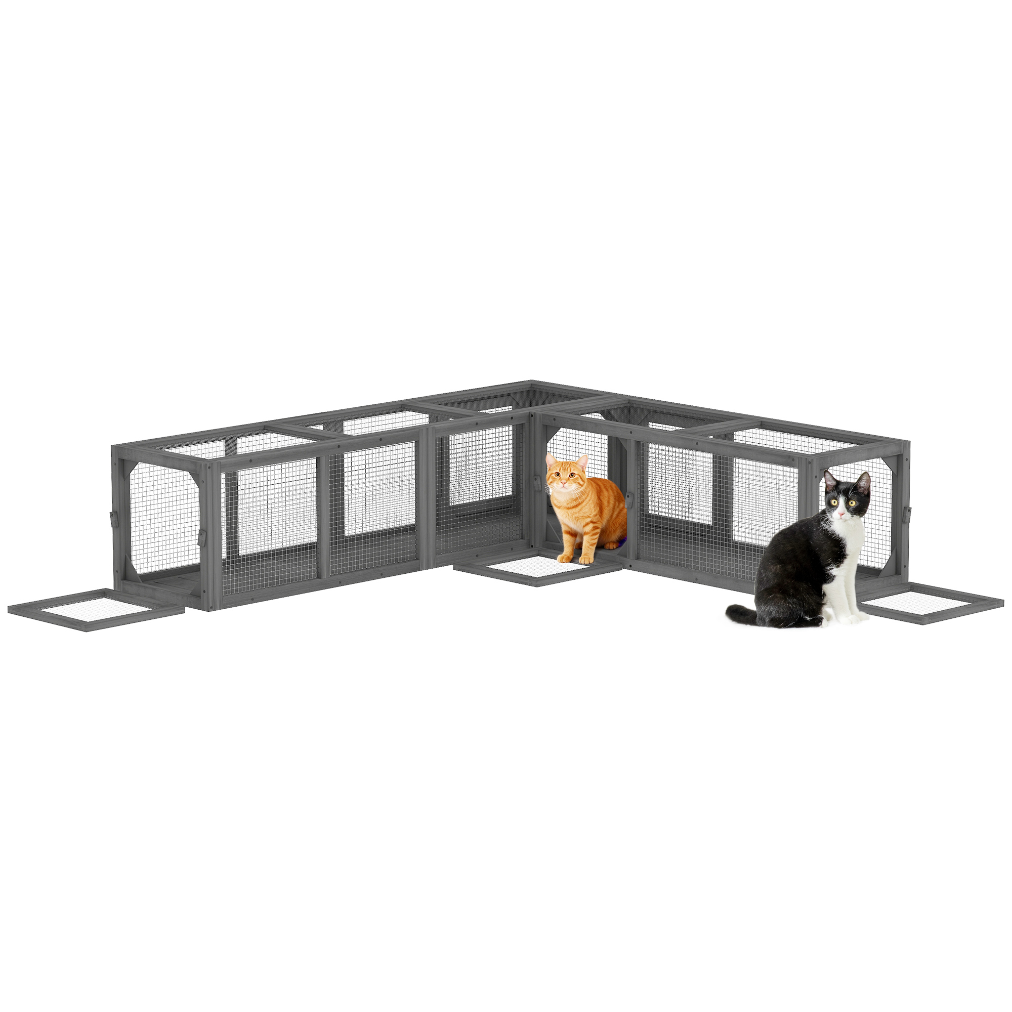 Wooden 98" Cat Tunnel for Outdoor with Combinable Design, 8 Doors, Dark Gray