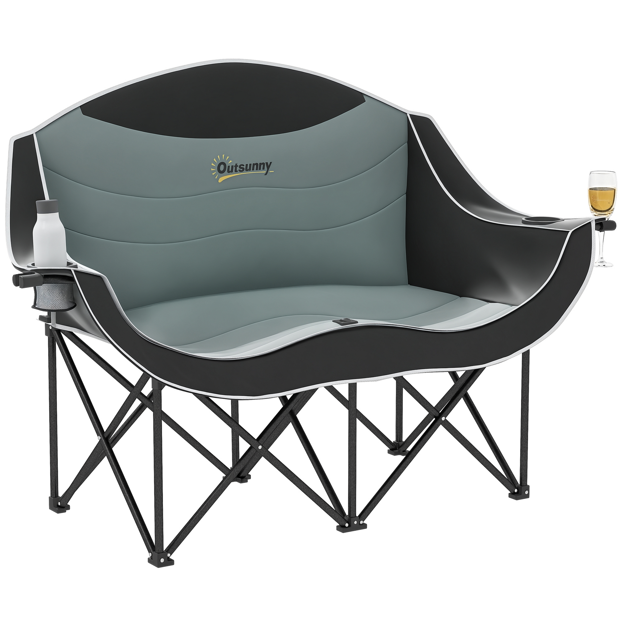 Padded Folding Camp Chair for Adults, Double Camping Chair with Armrests, Cup Holders, Carry Bag for Outdoor, Black