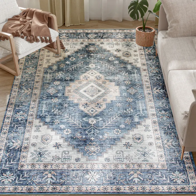 5x7 Area Rug, Vintage Washable Rug, Non-Slip Floor Carpet for Living Room, Bedroom, Dining Room, Blue