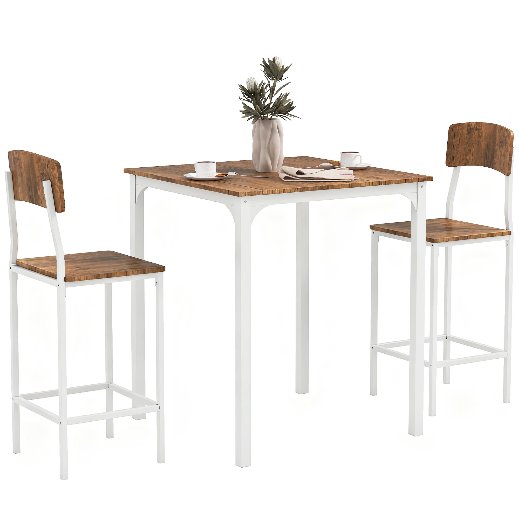 3 Piece Pub Table and Chairs, Small Kitchen Table and Chairs, Square Dining Table with 2 Stools, Walnut and White