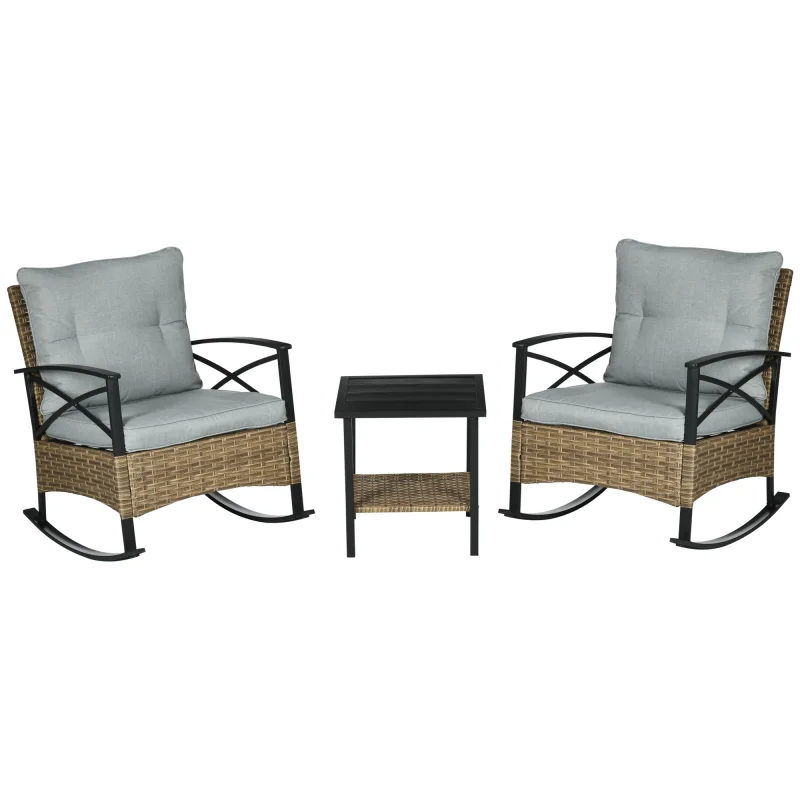  3 Piece Patio Rocking Chair Set, Outdoor Wicker Bistro Set with 2 Oversize Cushioned Porch Rockers and 2 Tier Coffee Table for Garden, Porch, Backyard, Light Gray