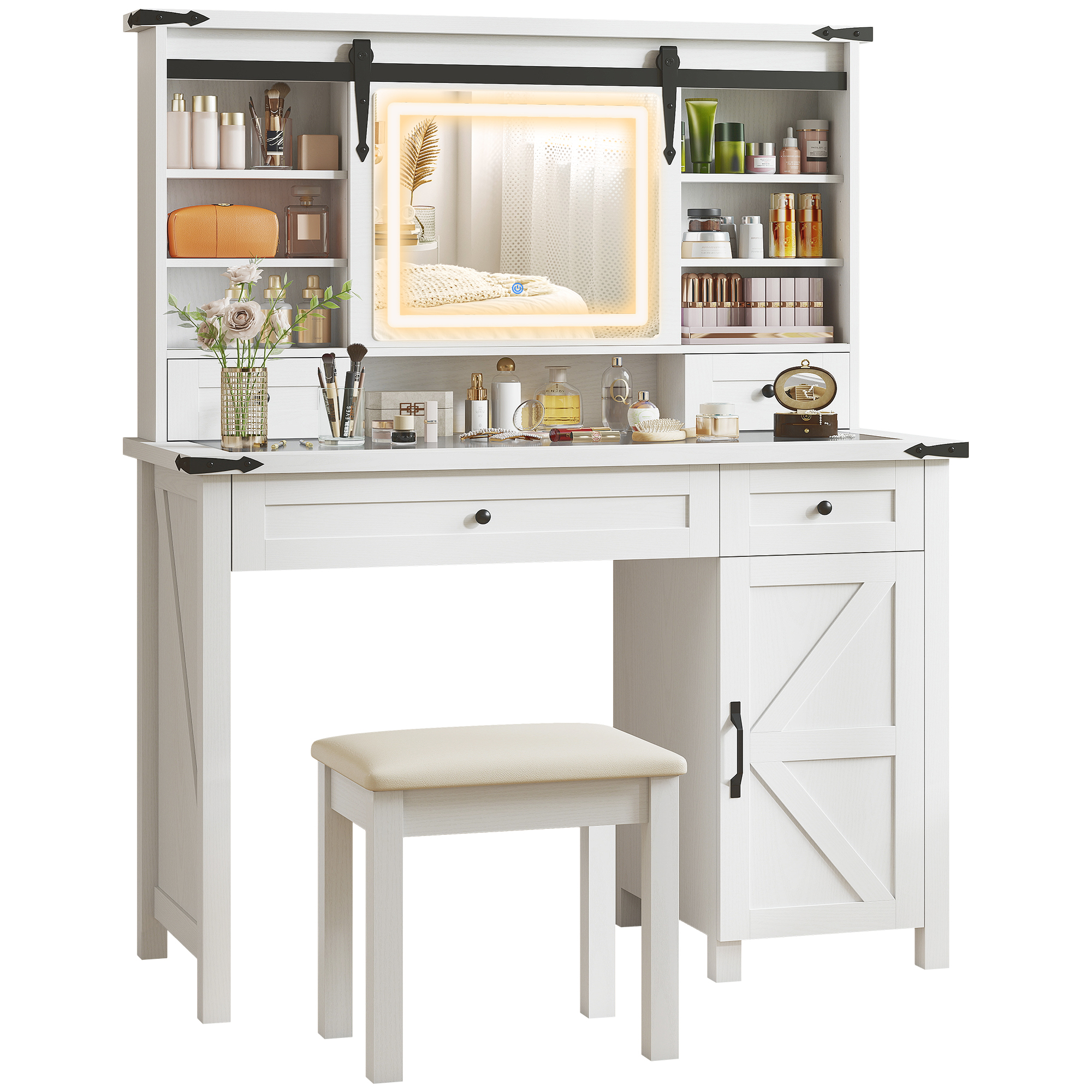 Vanity Desk Set with Mirror and Lights, Cushioned Stool, Storage Drawer, Cabinet, Shelves for Bedroom, White
