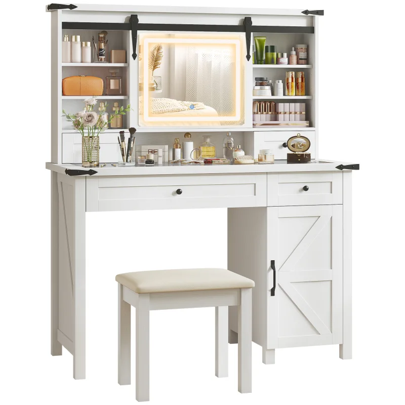 Vanity Desk Set with Mirror and Lights, Cushioned Stool, Storage Drawer, Cabinet, Shelves for Bedroom, White