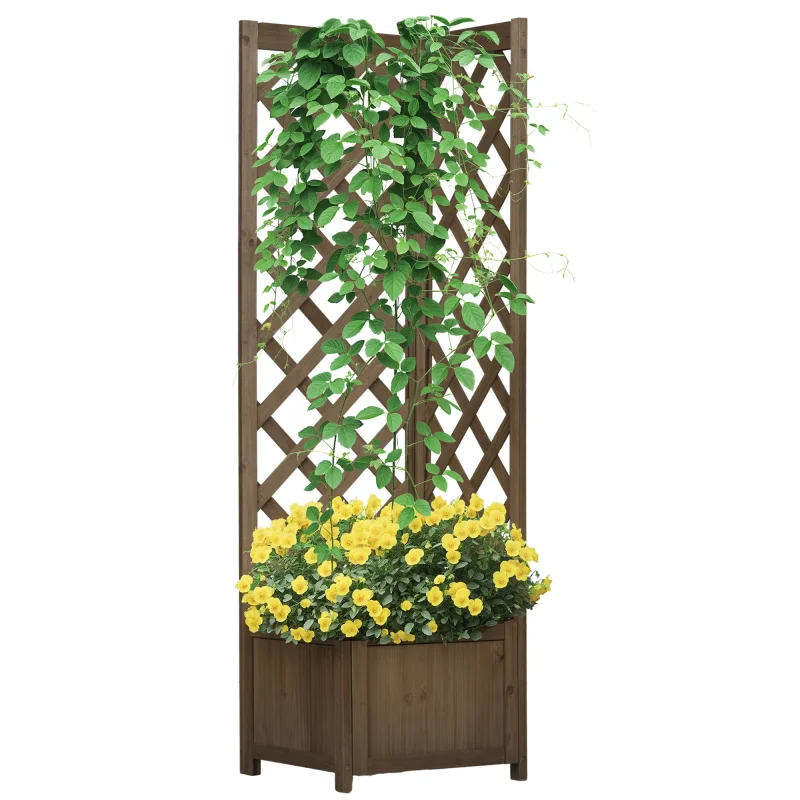 Wooden Raised Garden Bed, Planter with Trellis for Vine Climbing and Vegetables, Herbs and Flowers Growing, Carbonized