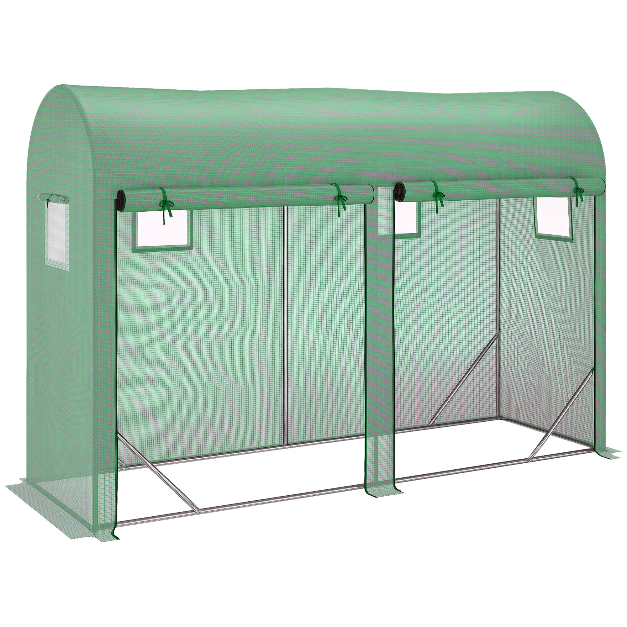  10' x 3' x 7' Walk-in Lean-to Greenhouse, Steel, 4 Zipper Roll-up Windows & 2 Doors, UV Protecting PE Cover for Growing Flowers, Vegetables, Tropical Plants, Saplings, Succulents, Green