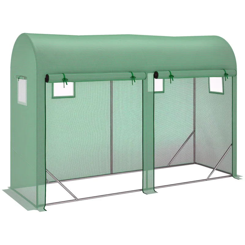  10' x 3' x 7' Walk-in Lean-to Greenhouse, Steel, 4 Zipper Roll-up Windows & 2 Doors, UV Protecting PE Cover for Growing Flowers, Vegetables, Tropical Plants, Saplings, Succulents, Green