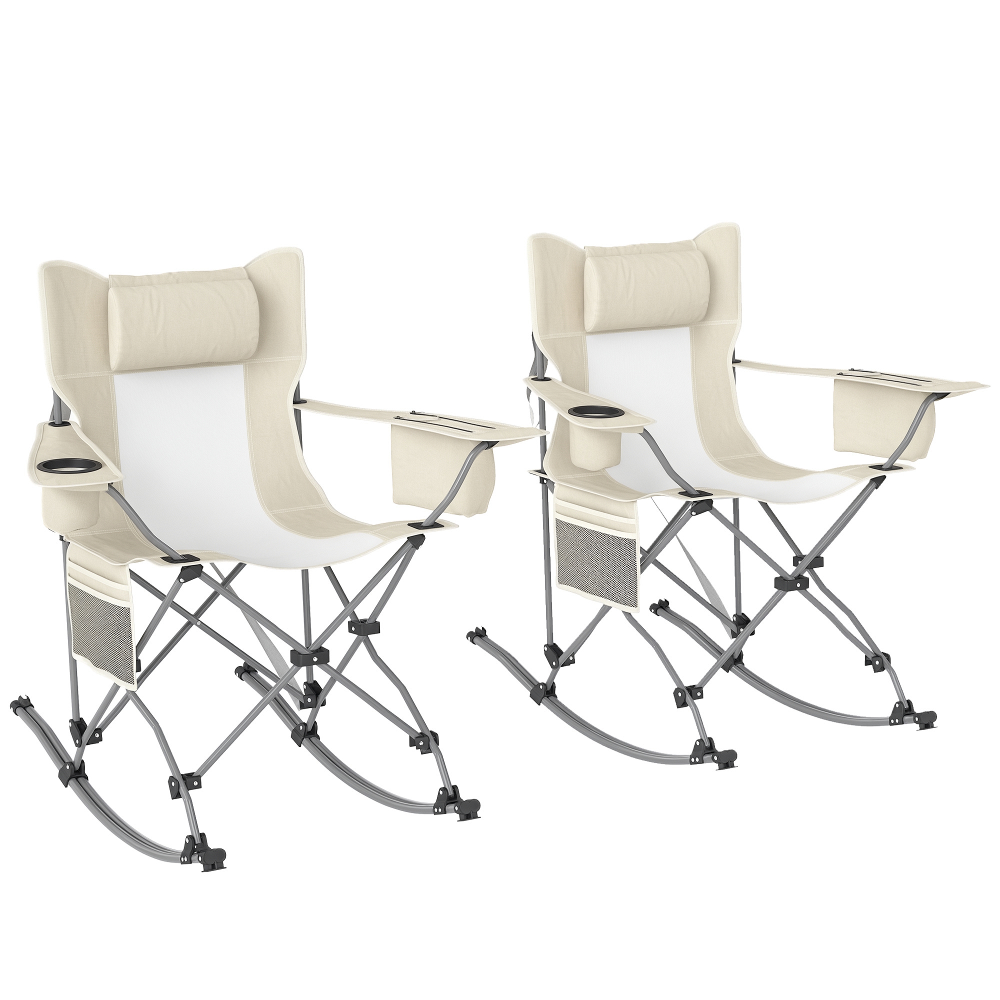 Folding Rocking Camping Chairs, Portable Chairs with Headrest, Cooler Bag, Cup Holder, Carry Bag, 2 Pack, Cream