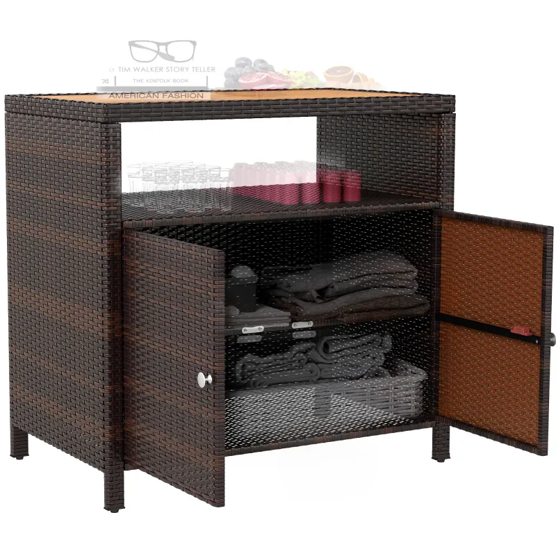 Outdoor Storage Cabinet with Acacia Wood Top, Two Doors, Shelf, Wicker Bar Table for Pool Towel Storage, Brown