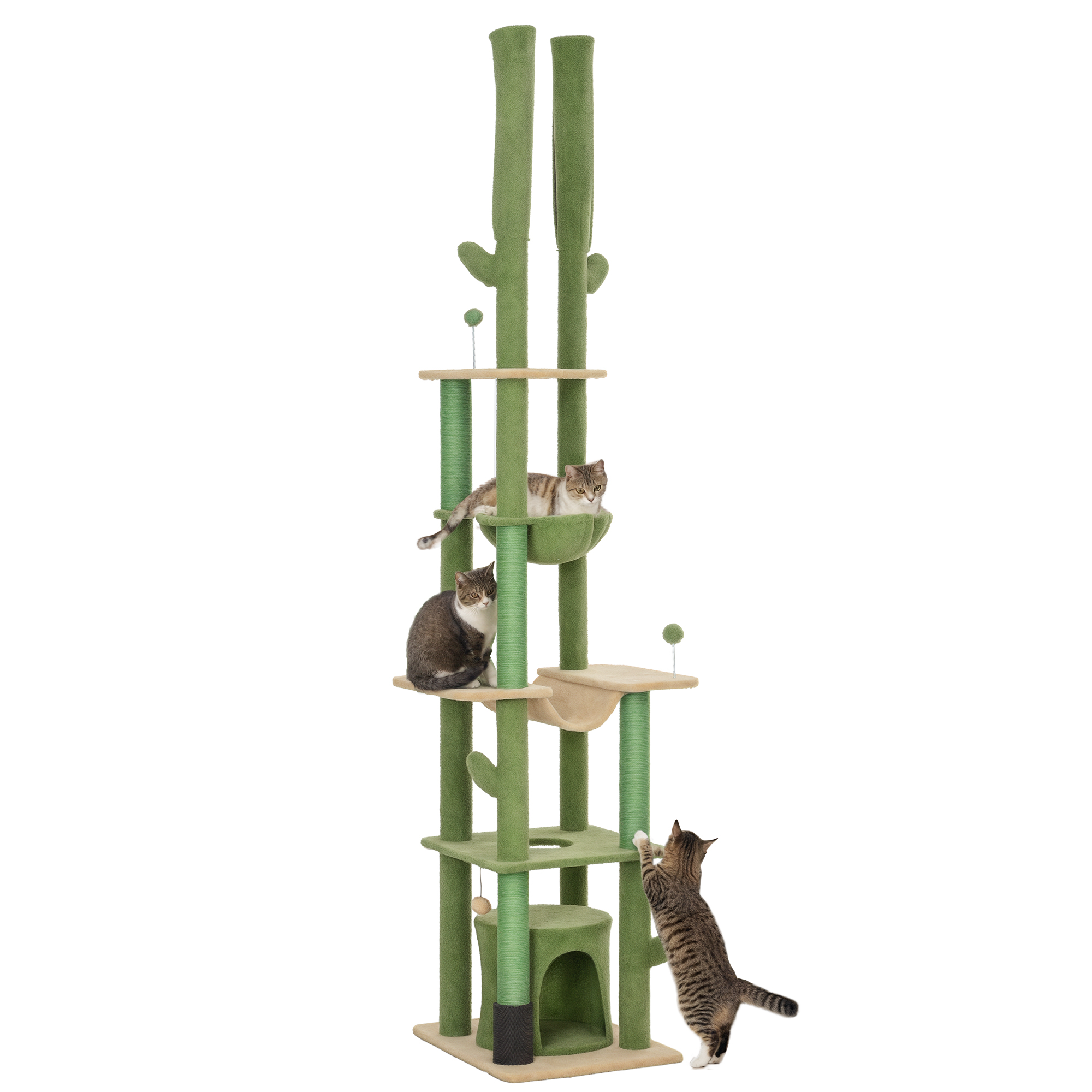 89"-100" Floor to Ceiling Cat Tree, Cat Climbing Tower with Grooming Brush Post, Cat Condo, Hammock, Green