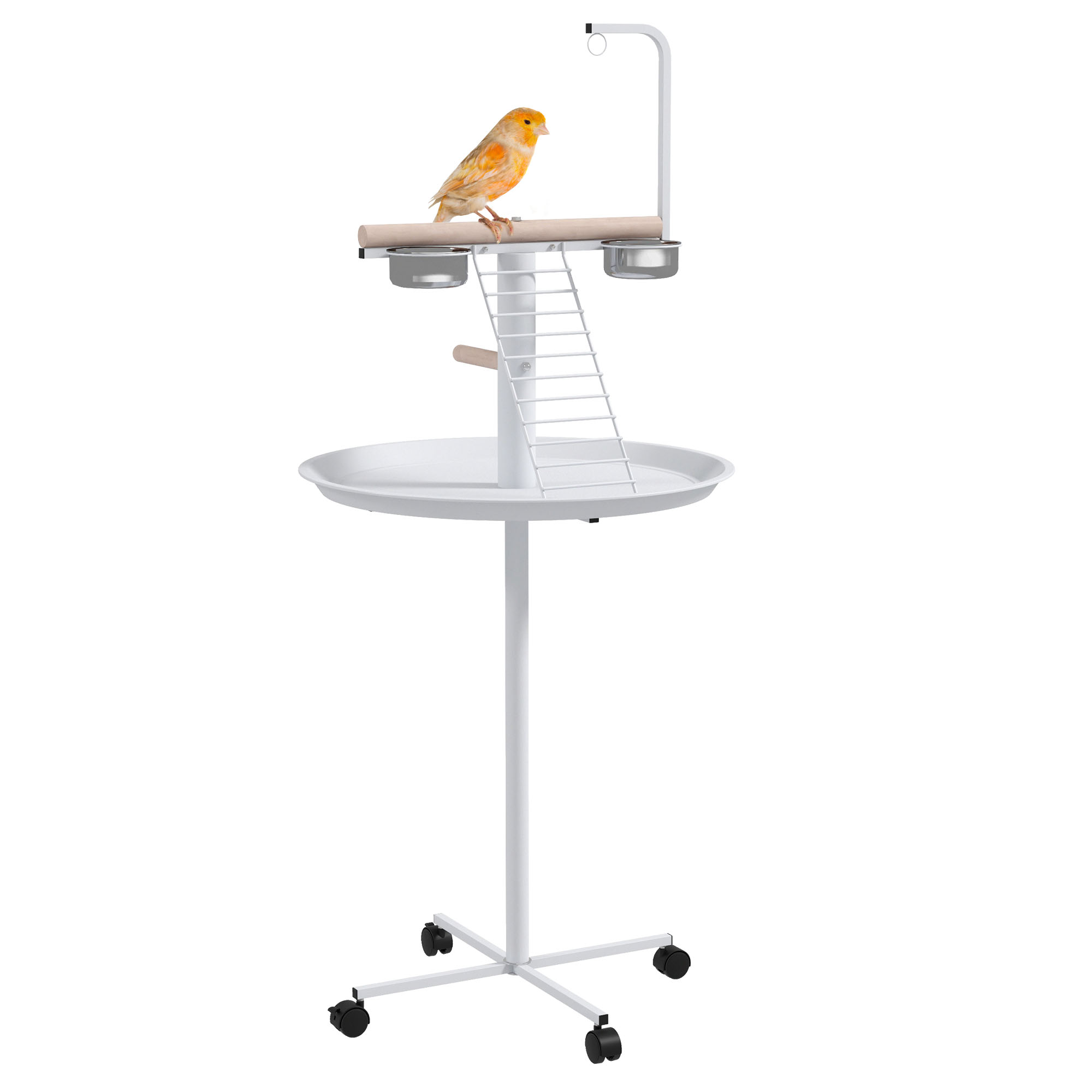 Bird Stand with Wheels, Perches, Feed Bowls, Round Tray for Parrot