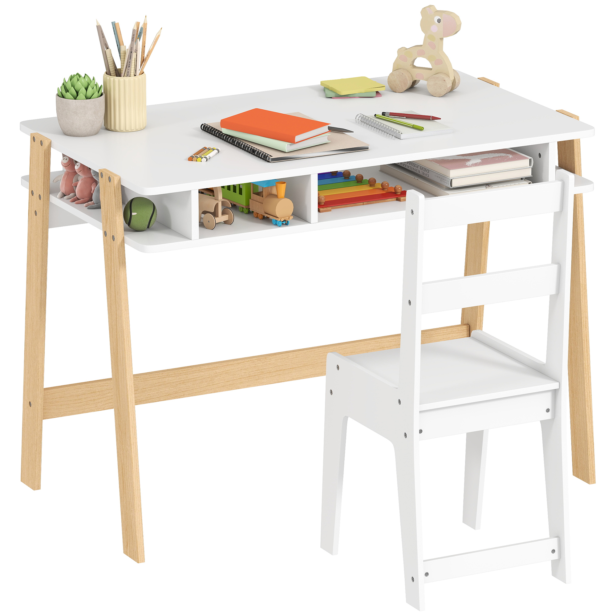 Kids Desk and Chair Set with Storage for Bedroom, School, Gift for Children Ages 3-12, White