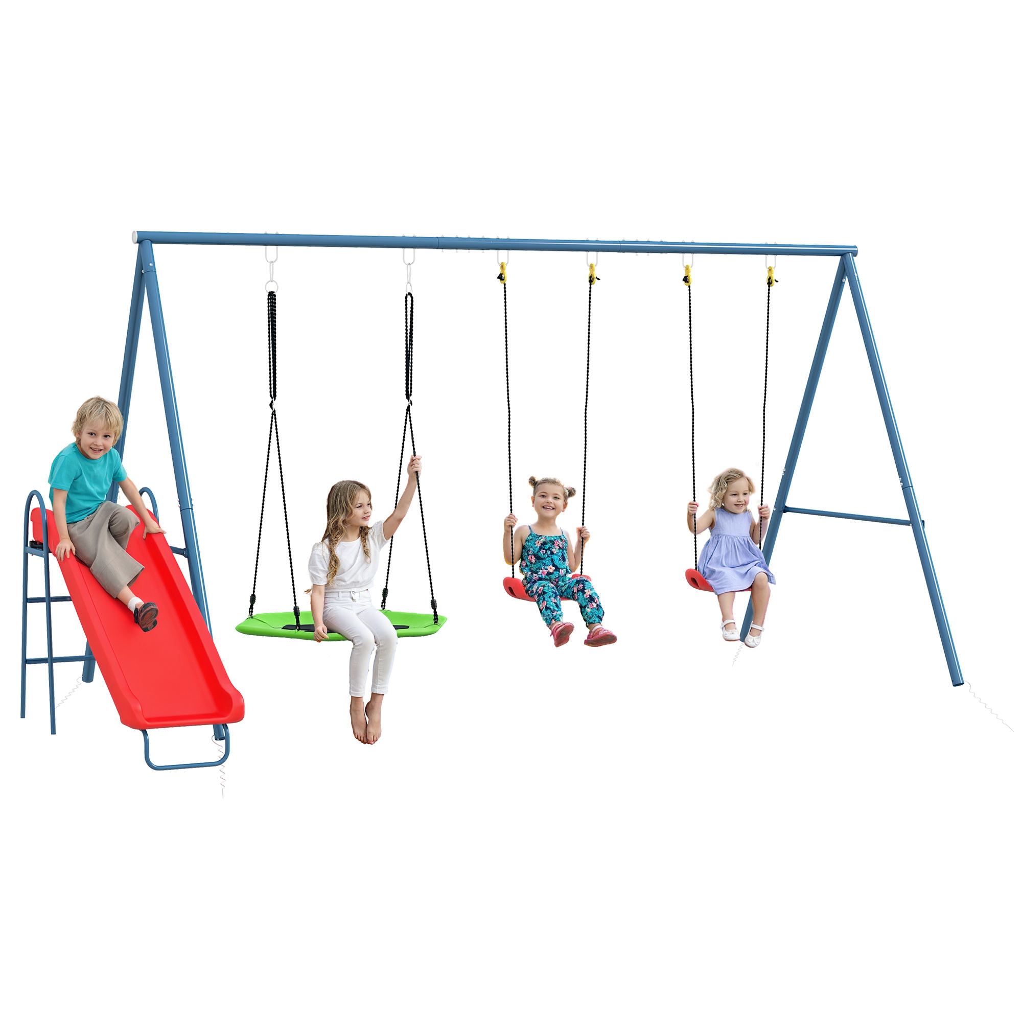 Metal Swing Set for Backyard, 3 in 1 Design with 1 Nest Swing, 2 Seats, 1 Slide, Holds Up to 352 lbs. for Ages 3-8