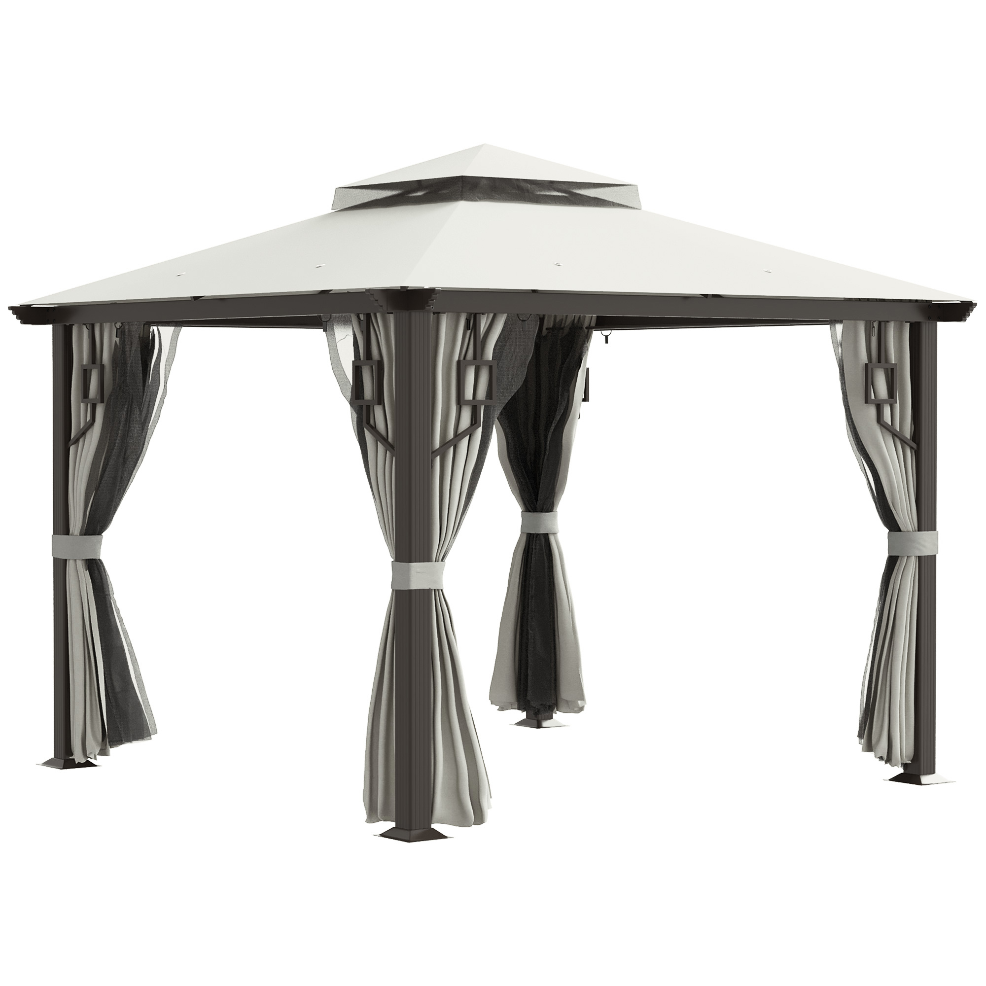  10' x 10' Patio Gazebo, Double Roof Outdoor Gazebo with Privacy Curtains, Mesh Netting, Aluminum Frame Outdoor Canopy Shelter, Cream White