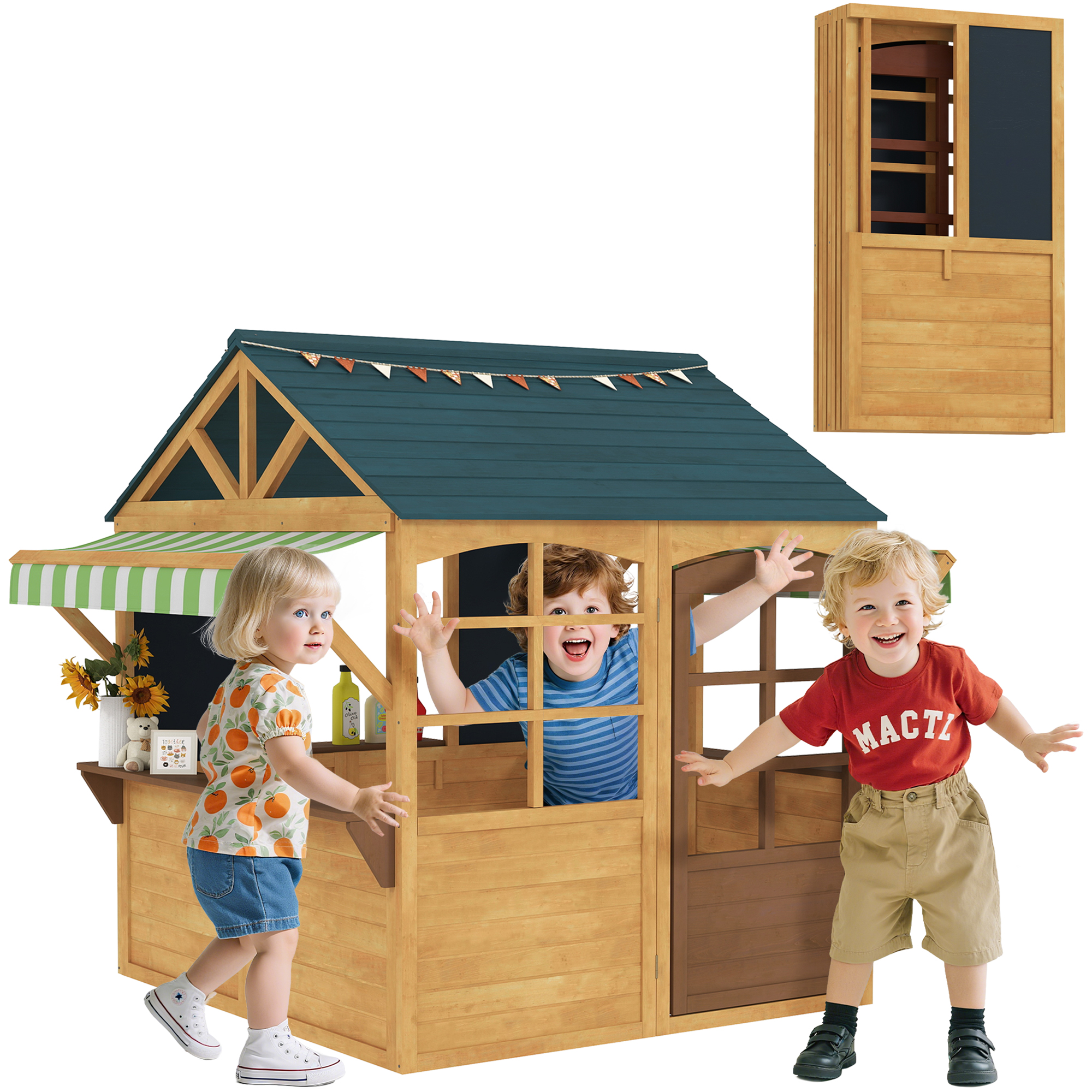 Wooden Outdoor Playhouse, Foldable Kids Cottage with Windows, Working Door, Snack Bars, Waterproof Covers, for 3-8 Years