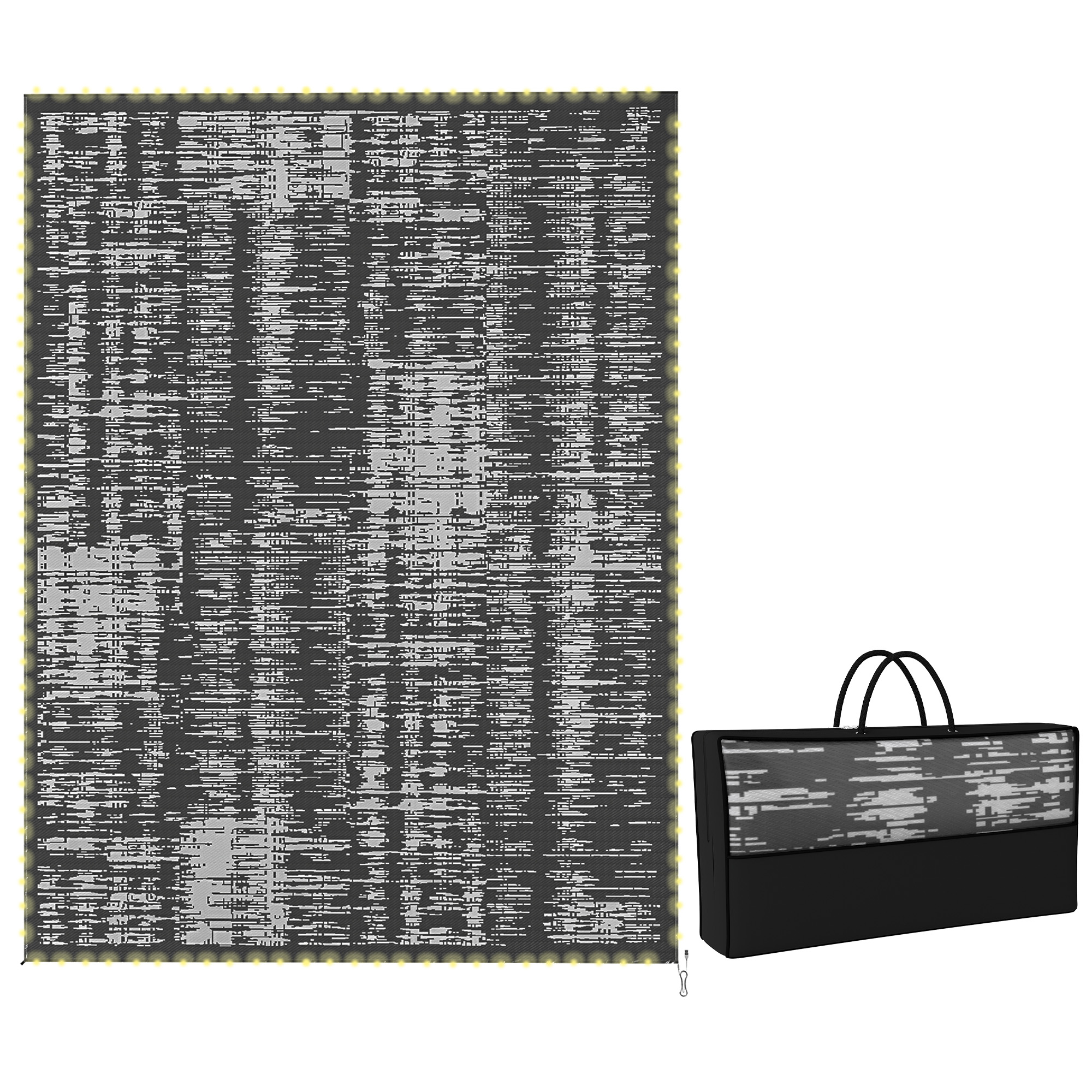 Reversible Outdoor Rug Carpet with LED Lights, Carry Bag & Ground Stakes for Backyard, Deck, Picnic, Beach, 12' x 9'