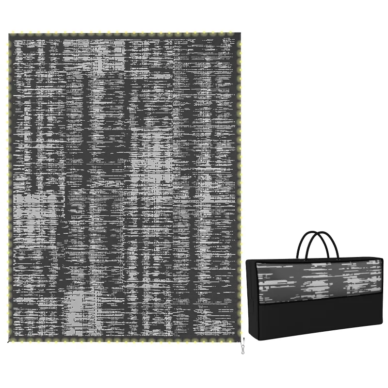 Reversible Outdoor Rug Carpet with LED Lights, Carry Bag & Ground Stakes for Backyard, Deck, Picnic, Beach, 12' x 9'