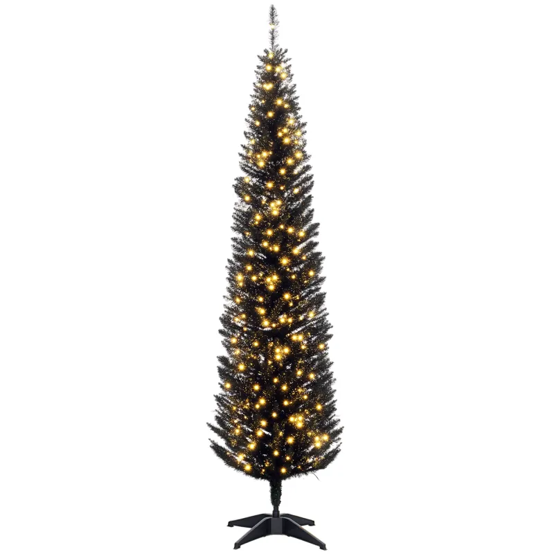 7ft Pencil Christmas Tree, Slim Artificial Christmas Tree with Realistic Branches and Warm White LED Lights, Black
