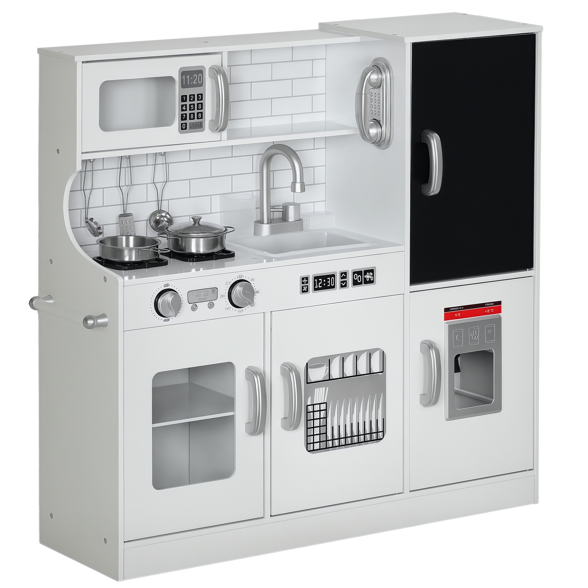 Pretend Play Kitchen, Kids Kitchen Playset with Play Phone, Chalkboard, Towel Rack & Ice Maker for 3-8 Years White
