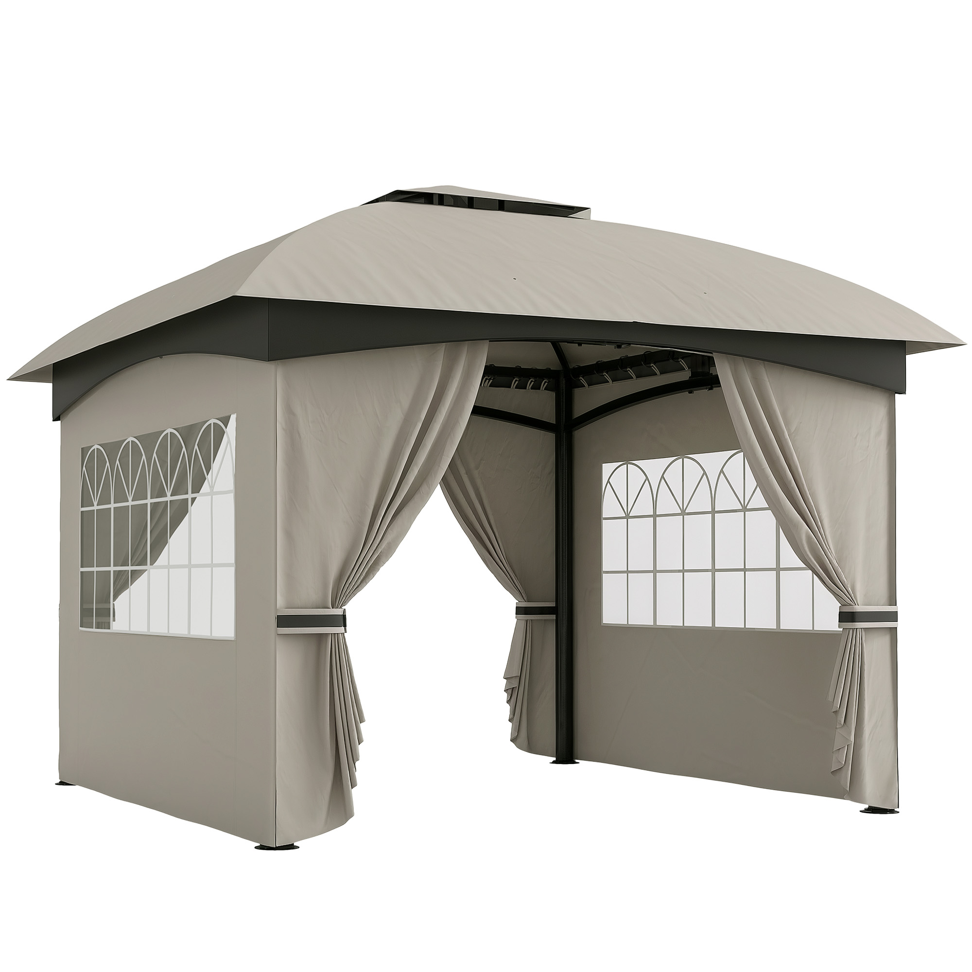 11' x 11' Outdoor Gazebo, Double Roof Patio Gazebo with Curtains, Church Windows, Galvanized Steel Frame, Light Gray