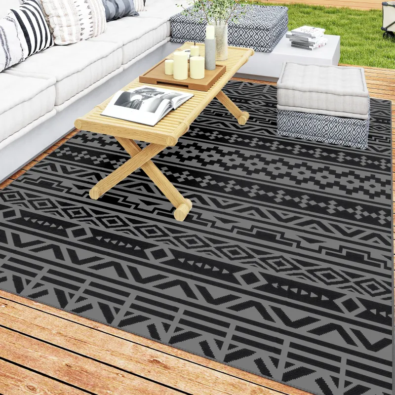 Reversible Outdoor Rug, Waterproof Plastic Straw with Carry Bag, 6' x 9', Black & Gray Geometric Wall