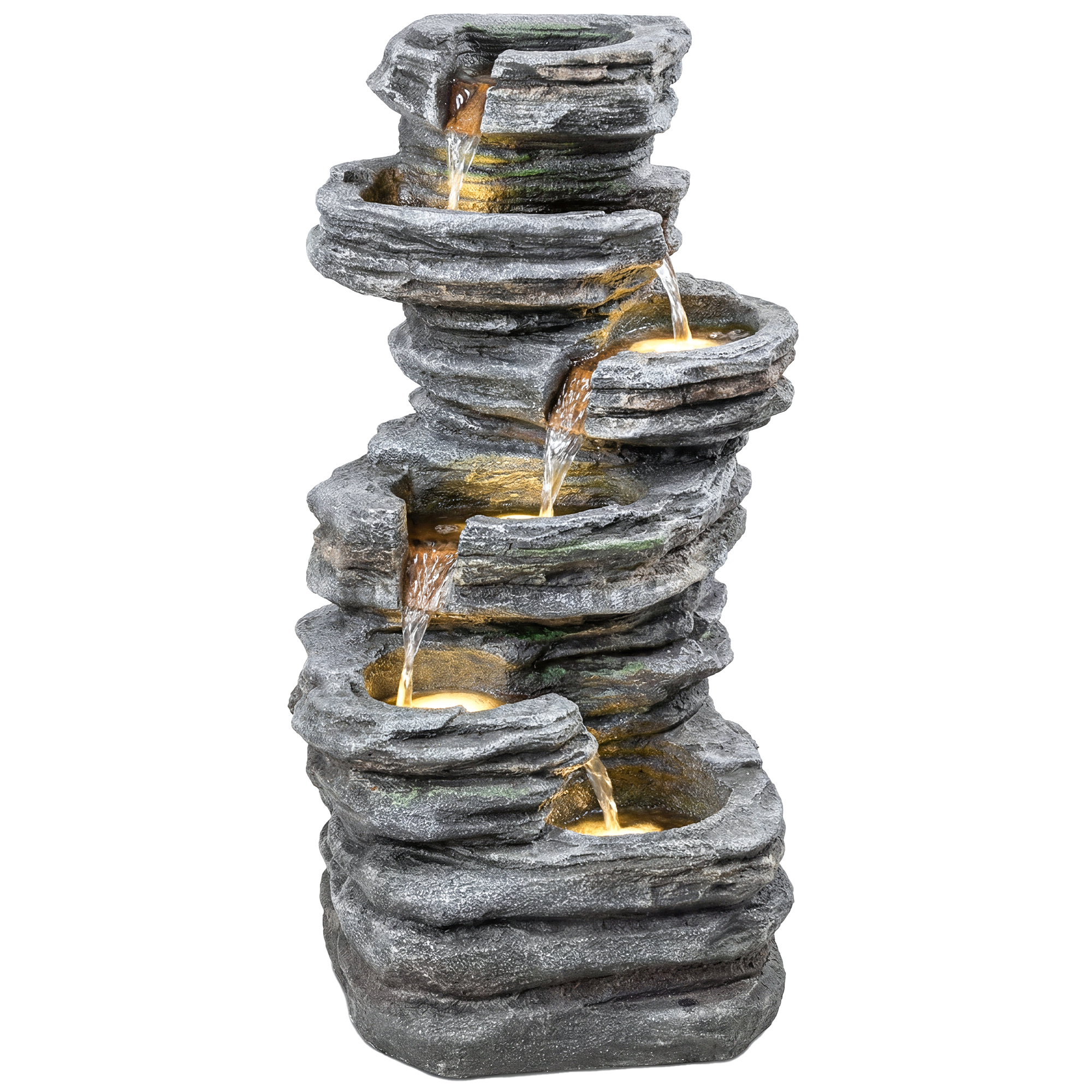 40" Tall Outdoor Waterfall Fountain with LED Lights, 6-Tier Cascading Waterfall Feature, Resin Garden Fountain, Gray