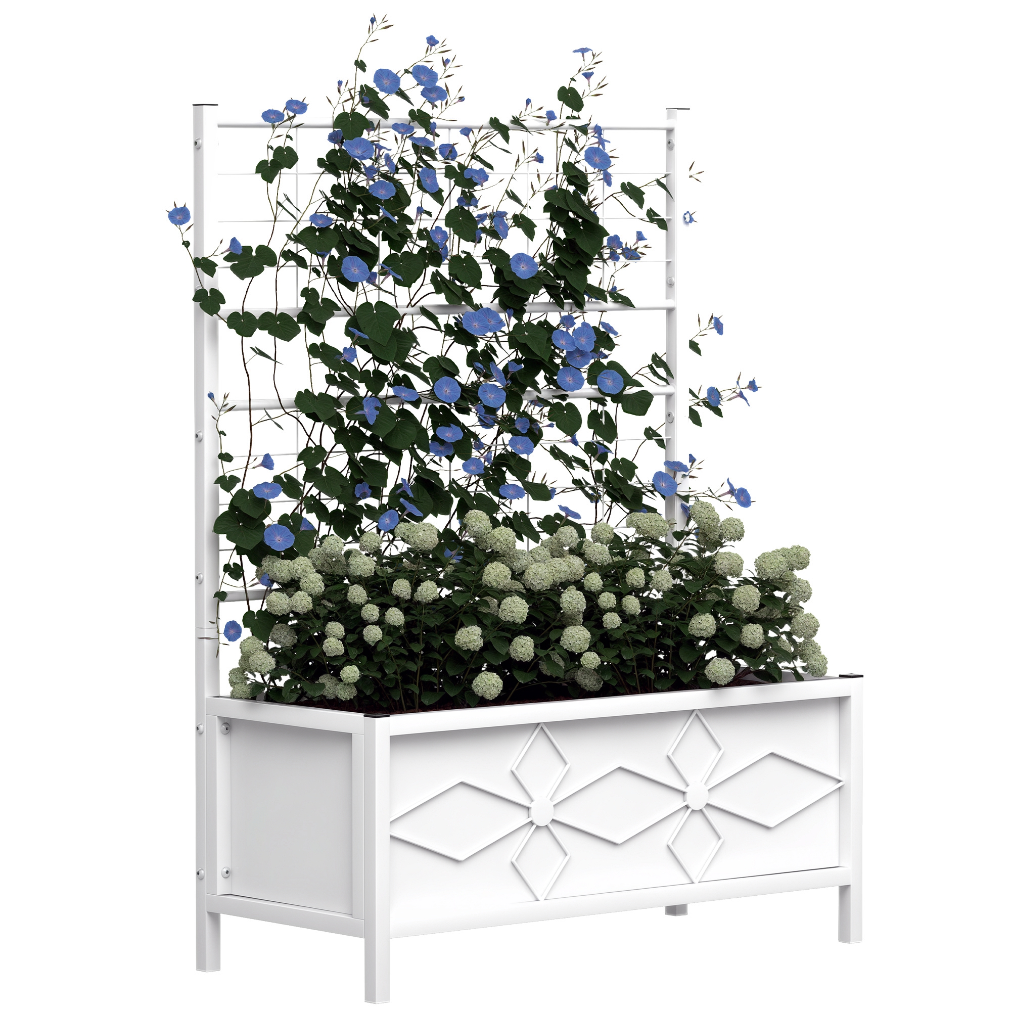 Outdoor Planter Box Galvanized Raised Garden Bed with Trellis for Climbing Vines, 35.4" x 15.7" x 47.2", White