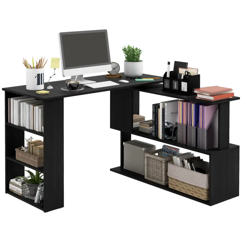 360° Rotating Home Office Desk L Shaped Corner Computer Desk with Storage Shelves, Writing Table Workstation, Black