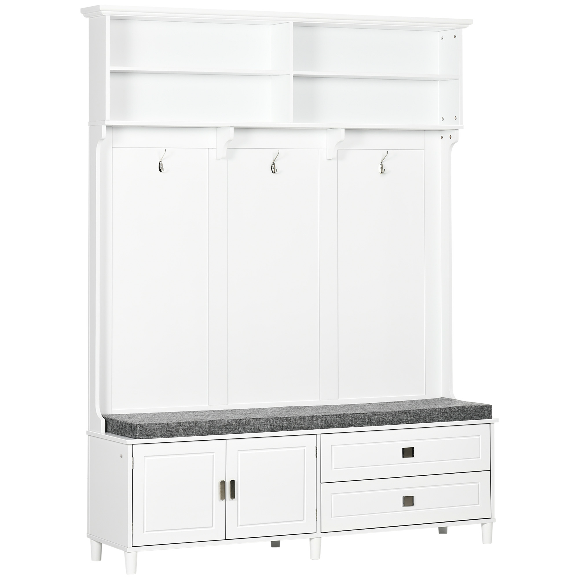  Hall Tree with Storage Bench, Entryway Bench with Coat Rack, Accent Coat Tree with Storage Shelves, Cabinet and Drawers for Hallway, Mudroom, White