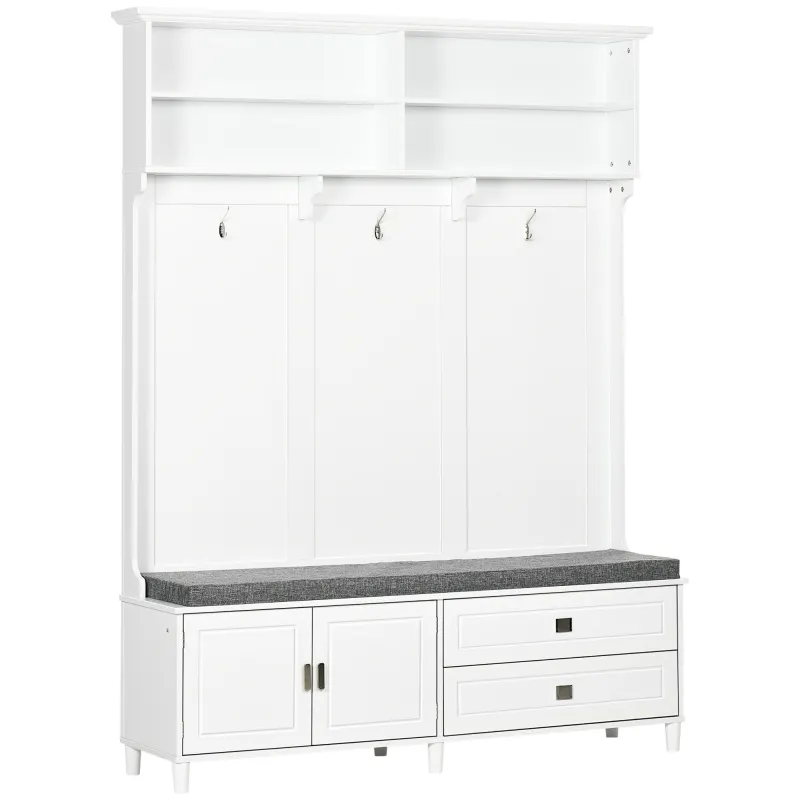  Hall Tree with Storage Bench, Entryway Bench with Coat Rack, Accent Coat Tree with Storage Shelves, Cabinet and Drawers for Hallway, Mudroom, White