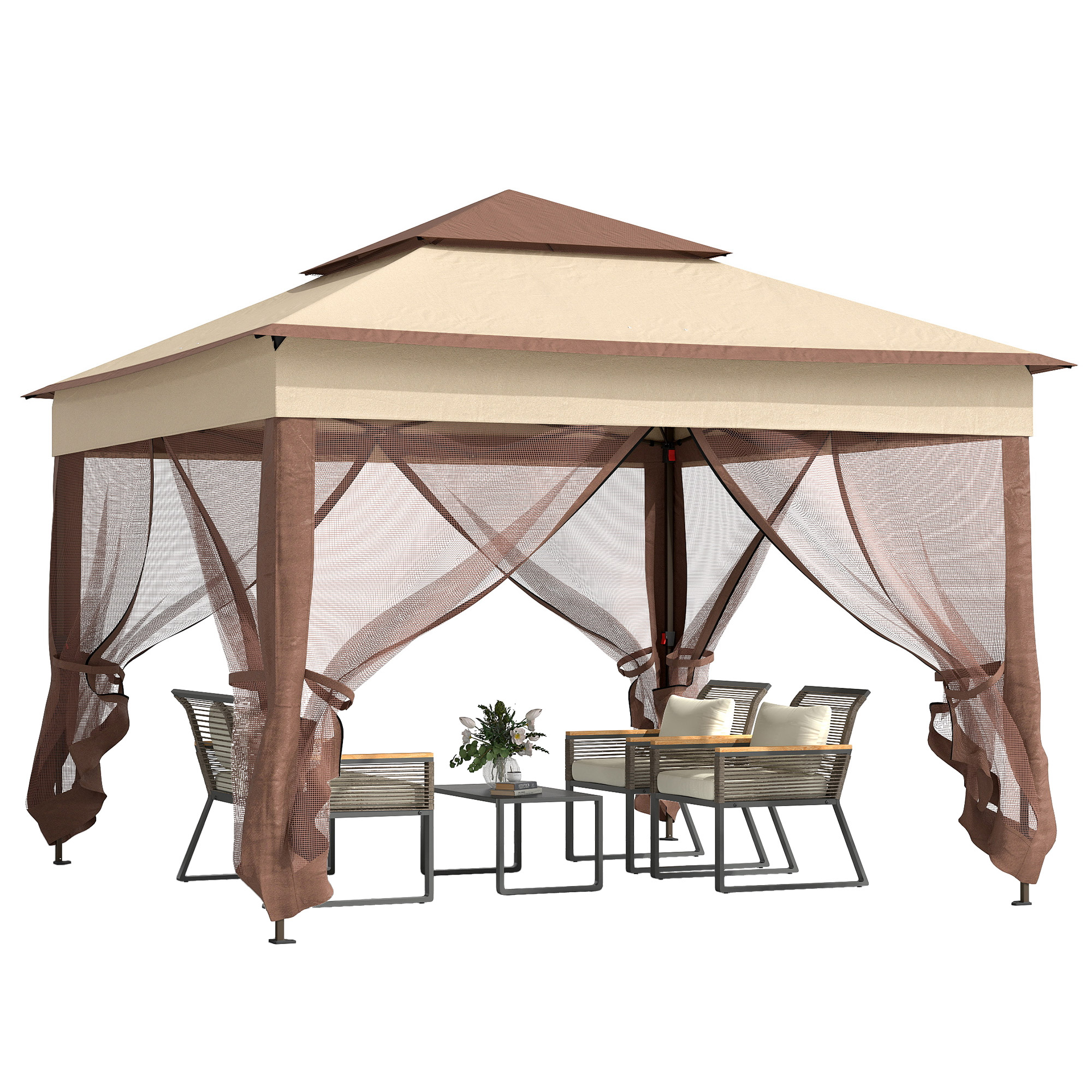 Outdoor Patio Pop Up Canopy Gazebo Shelter with Zipper Netting, Carry Bag, 11' x 11', Khaki