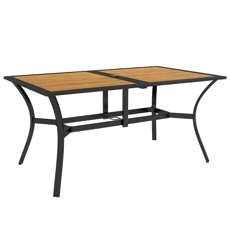 Rectangular Patio Table with Umbrella Hole, Faux Wood Rectangle Outdoor Dining Table for 6 People for Garden, Brown